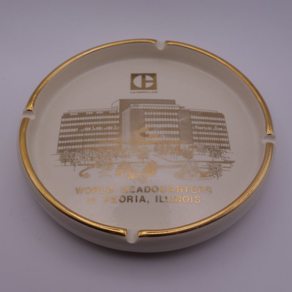 Caterpillar WORLD HEADQUARTERS in PEORIA, ILLINOIS Ceramic Ash Tray w/ Gold Rim